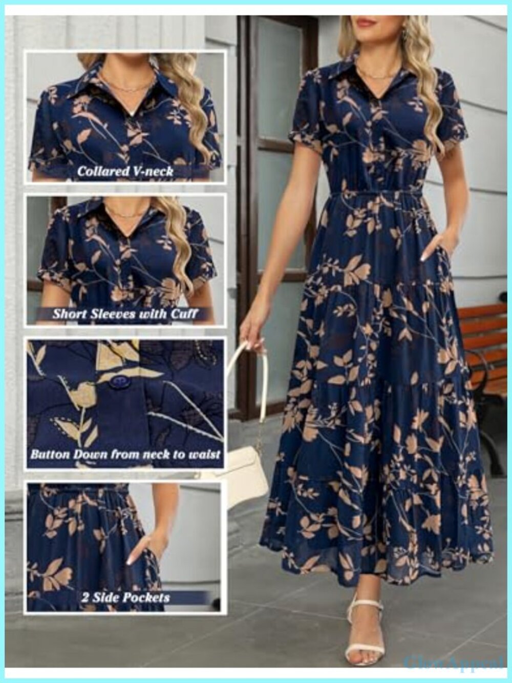 Collared V Neck Short Sleeve Button Down Chiffon Tiered Floral Maxi Dress with - Picture 4 of 6